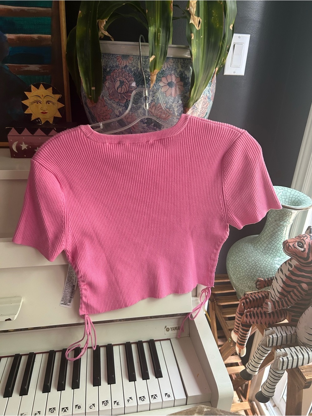 ZARA Hot Pink Ribbed Drawstring Crop Top Short Sleeve Y2K Women’s Small Tee - Picture 3 of 16